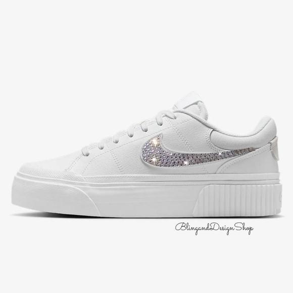 Women's Nike Court Legacy Lift White Sneakers Customized With Clear Crystals - Picture 1 of 4